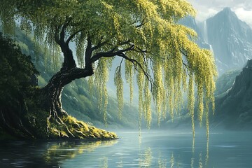 hanging branches of the tree in lake