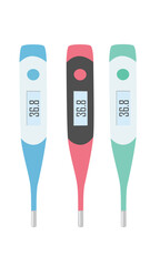 Digital thermometer vector. Medical equipment clipart in cartoon style isolated on white background. Electric thermometer flat vector set.
