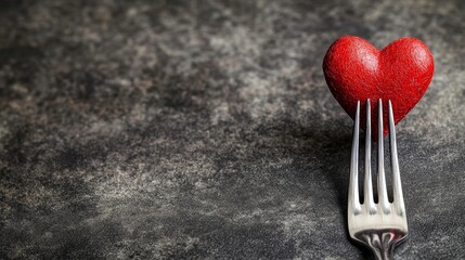 Banner Heart on a fork close-up Festive table setting The concept of a holiday for cafes and restaurants valentines day A copy of the space for the text