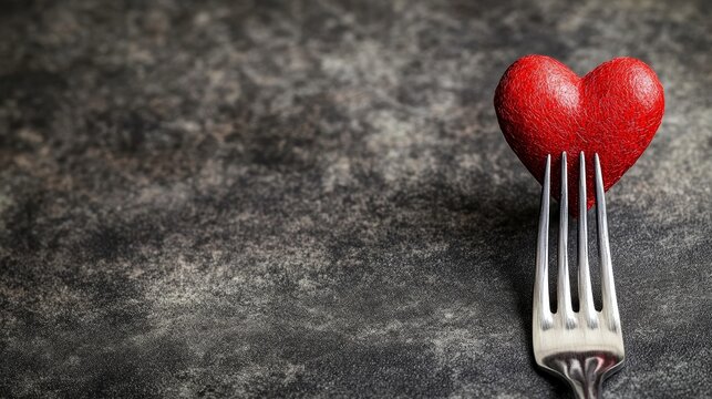 Banner Heart on a fork close-up Festive table setting The concept of a holiday for cafes and restaurants valentines day A copy of the space for the text