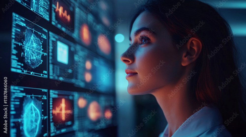 Poster focused woman analyzing data on digital screens in a modern lab setting