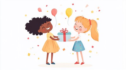 Happy girls exchanging birthday gift.