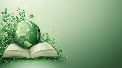 Green Earth Globe Resting on an Open Book Surrounded by Lush Greenery and Sparkling Dust