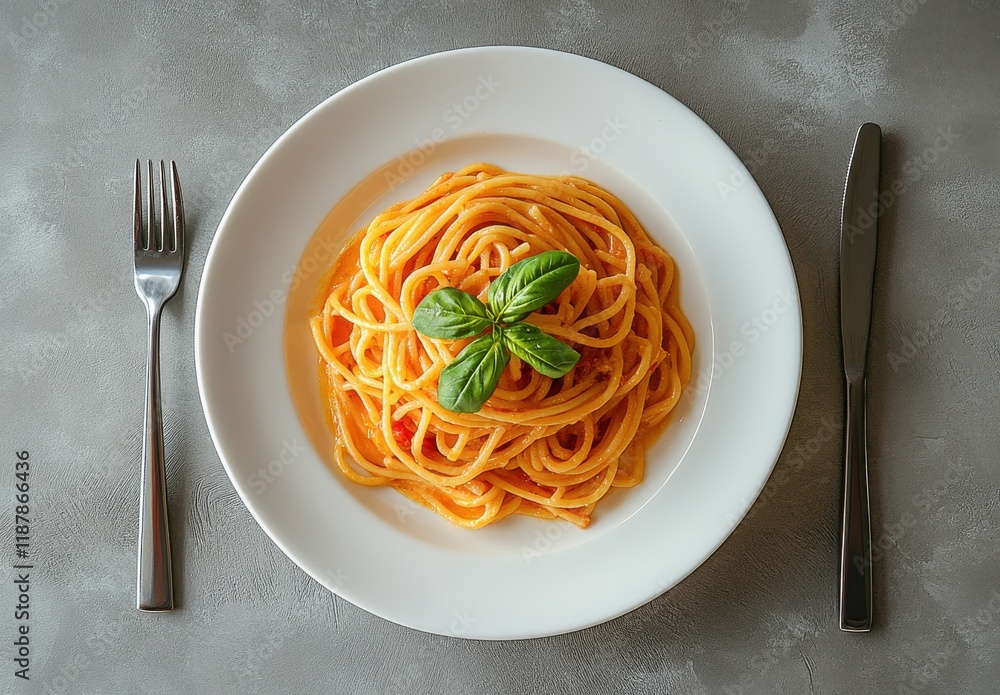 Poster elegant plate of spaghetti with tomato sauce garnished with fresh basil on a textured gray table set