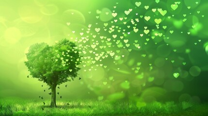 Heart-shaped tree with floating green hearts in a lush meadow