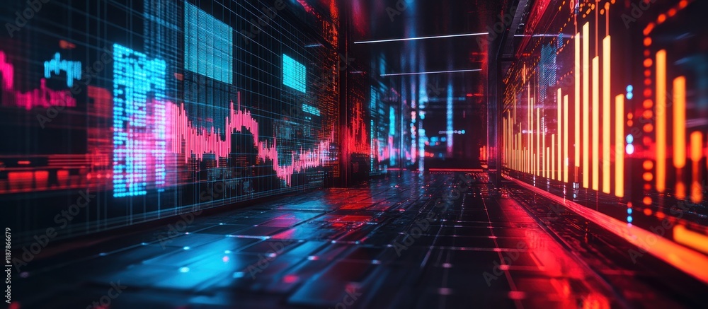 Poster futuristic corridor with glowing financial data charts and graphs on screens.