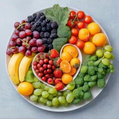 Colorful Fruit Platter on White Ceramic filled with Fresh Fruits and Vegetables, Grapes, Berries, Citrus, and Greens on Grey Background.