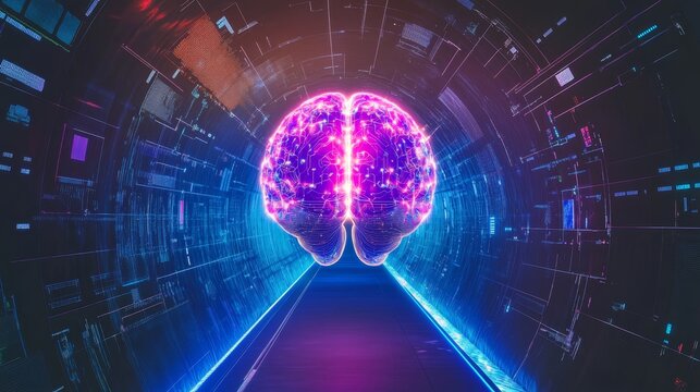 Futuristic neon brain in a digital tunnel displaying artificial intelligence