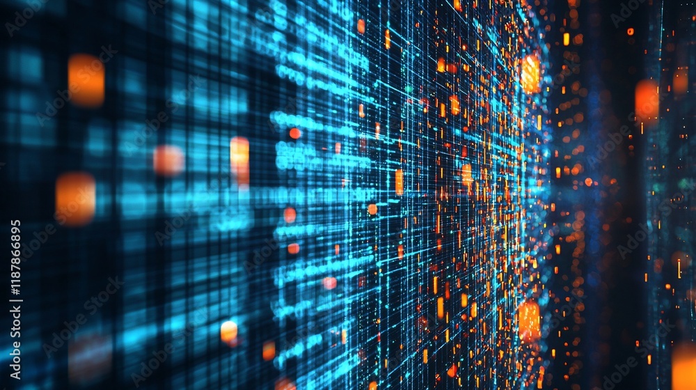 Poster abstract digital data flow, glowing blue and orange particles forming a grid.