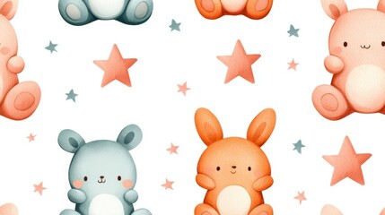 Naklejka premium Cute Cartoon Animals with Stars Pattern for Children’s Decor and Nursery Backgrounds