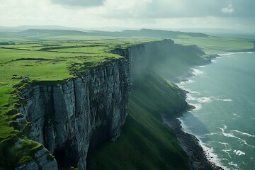 Coastal cliffs extend into ocean, green fields above under cloudy skies.