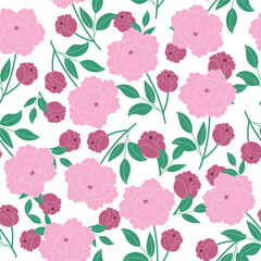 coquette seamless pink flowers pattern. Delicate petals and vibrant blossoms create an artistic and vintage botanical illustration. Perfect for wallpaper, fabric, wrapping paper and more.