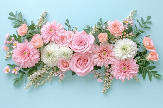 Beautiful Pastel Pink and White Flower Arrangement on Blue Background rose bloom fresh macro gerbera