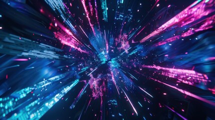 Naklejka premium a dynamic explosion of vibrant digital art and cybernetic landscapes, white space in the center of the page for text, neon-lit and futuristic hues against a backdrop of virtual reality