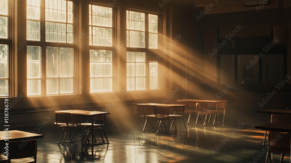 Poster sunlight streams through large windows in an empty classroom, illuminating desks and chairs.