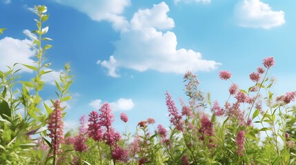 Fototapeta premium Pink wildflowers bloom under a bright summer sky