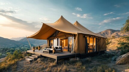 Luxurious safari tent on a mountainside at sunset.