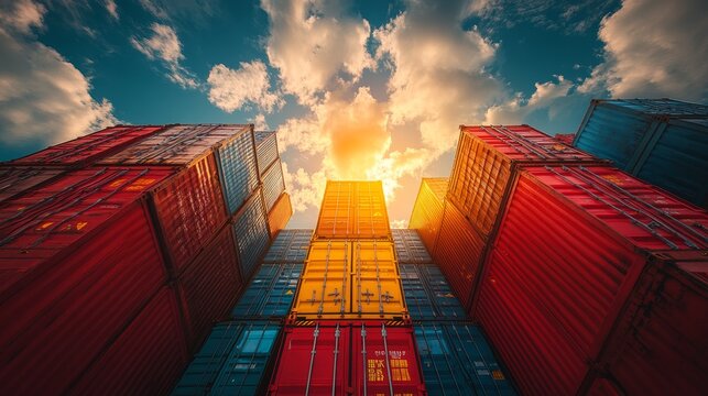 Vibrant shipping containers stacked against a sunset sky