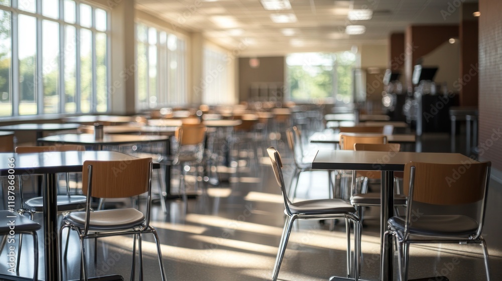 Poster empty cafeteria with tables and chairs.