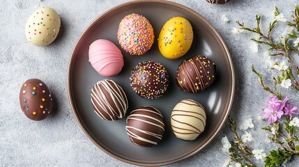 Colorful chocolate Easter eggs on plate.