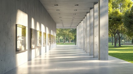 Space for products showcases in the concrete hallway with a park background3d rendering