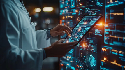 Medical professional analyzes data on digital interface in high-tech environment