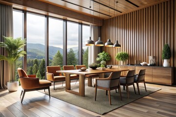 Fototapeta premium Japandi Living Room Design: Minimalist Modern Interior with Panoramic Windows & Wooden Paneling