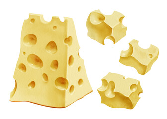 Realistic slice of yellow cheese with holes, isolated on a white background. Can be used for packaging designs, food blogs, recipe cards, or as an illustration in cookbooks and nutritional guides