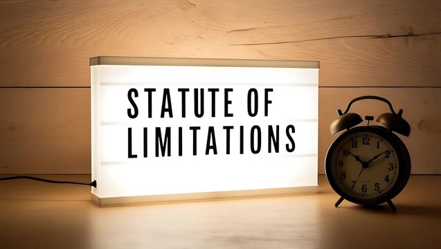 "Statute of Limitations" Lightbox Sign with Alarm Clock, Symbolizing Legal Deadlines, Time Constraints, and Legal Frameworks