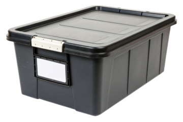 Black plastic storage container with lid isolated with transparent background