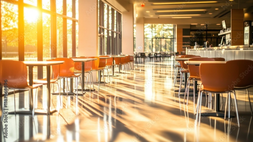 Aufkleber a sunlit caf? interior with empty tables and chairs creating a warm, inviting atmosphere.