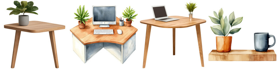 Fototapeta premium Furniture trendy and minimal innovative, A collection of stylish wooden tables featuring laptops, plants, and decorative items.