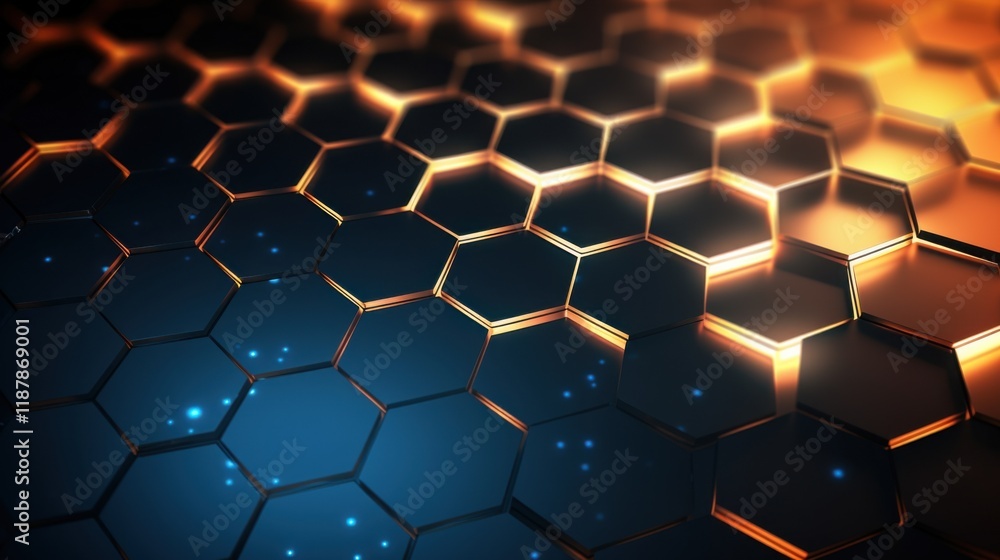 Wall mural minimalist hexagonal elements arranged in a honeycomb pattern, glowing softly, on a dark tech-inspir