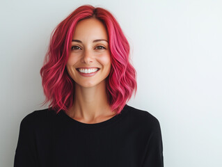Fototapeta premium A joyful woman with striking pink hair poses against a crisp white backdrop, proudly embracing her unique style and individuality.