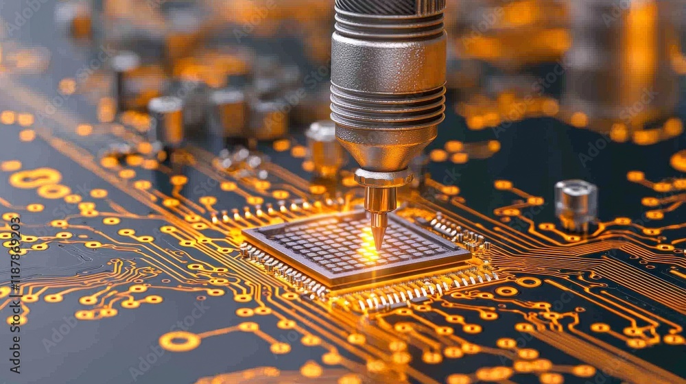 Poster precision technology enhancing circuit board with microprocessor and fine point tool for electronics