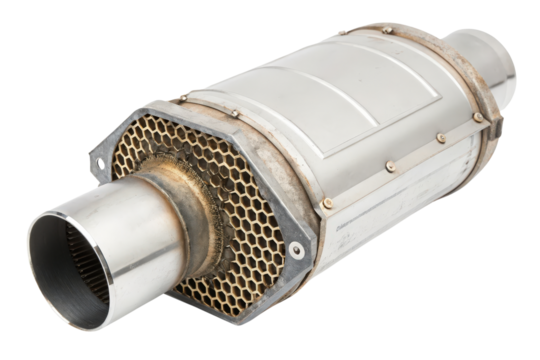 Used automotive catalytic converter isolated with transparent background