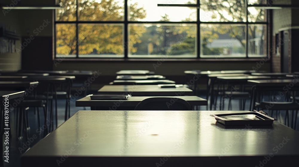 Poster empty classroom desks and chairs face large window with autumn trees outside.