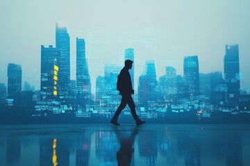 Silhouette of a Person Walking Through a Futuristic Cityscape with Vibrant Light Reflections and Digital Elements, Capturing Modern Urban Life and Technology Integration
