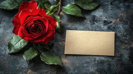 A red rose and a blank card on a textured surface.