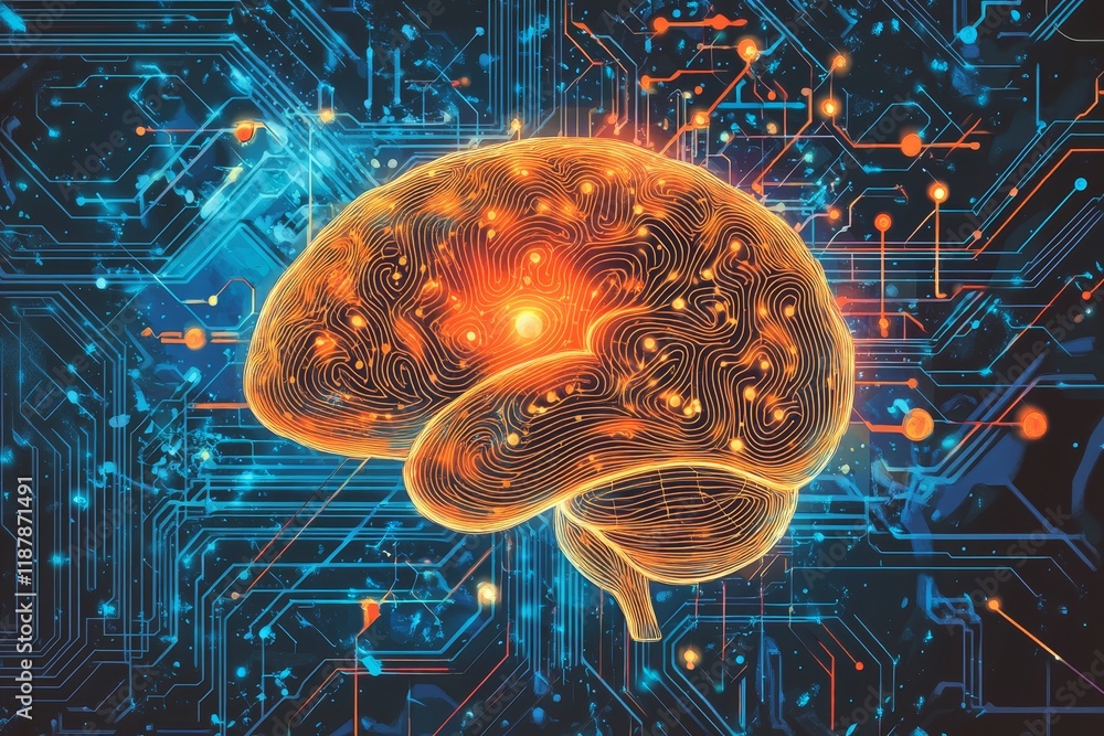 Poster futuristic neural network: brain and circuit board fusion