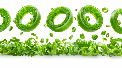 Flying Green Onion Rings and Chopped Pieces Against White Background for Food Packaging Design