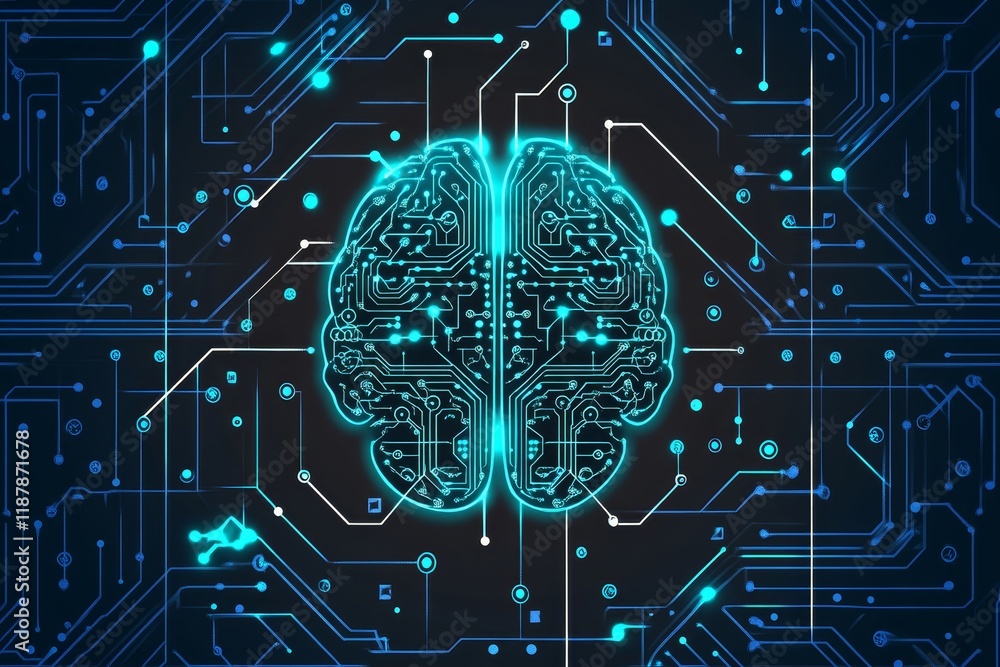 Poster glowing digital brain with circuitry on a futuristic technology background
