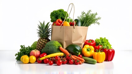 A paper bag full of fresh vegetables is isolated on a white background. Healthy food concept. Generated by AI