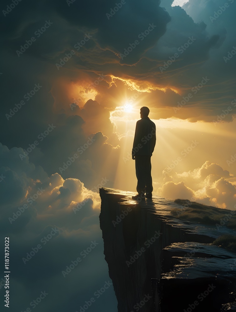 Aufkleber man is standing on a cliff's edge with the sun shining through the clouds. generated by ai