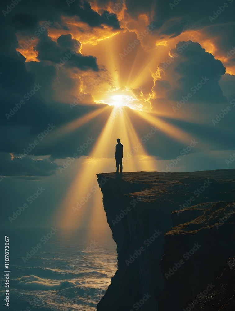 Aufkleber man is standing on a cliff's edge with the sun shining through the clouds. generated by ai