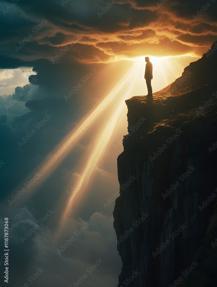 Aufkleber man is standing on a cliff's edge with the sun shining through the clouds. generated by ai