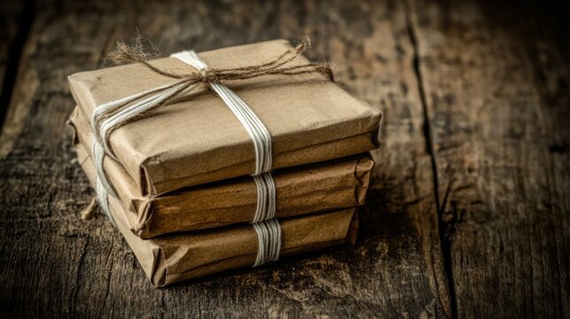 Rustic Stack of Brown Kraft Paper Wrapped Gifts on Wooden Table