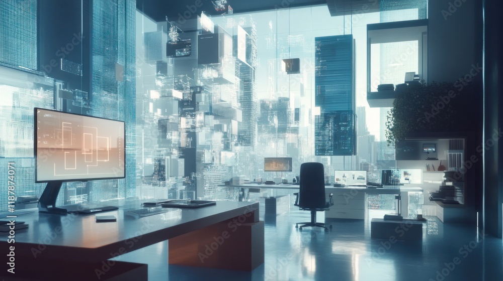 Poster futuristic office with digital data visualization.