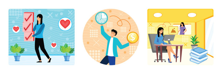 Fototapeta premium Happy Woman Holding Boxes. Man Balancing Time and Money. Video Call in Modern Office. Set flat vector modern illustration