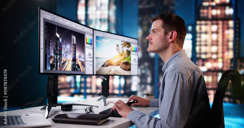 Poster Graphic Designer Working On Computer Editing
